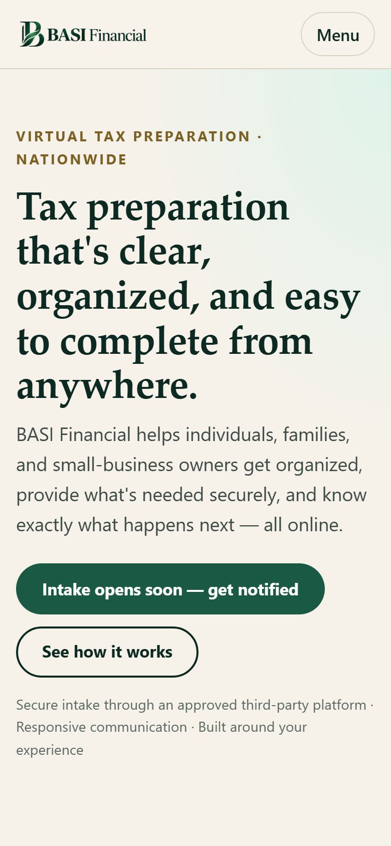 The same pilot home page on a phone, with a Menu button and stacked buttons.