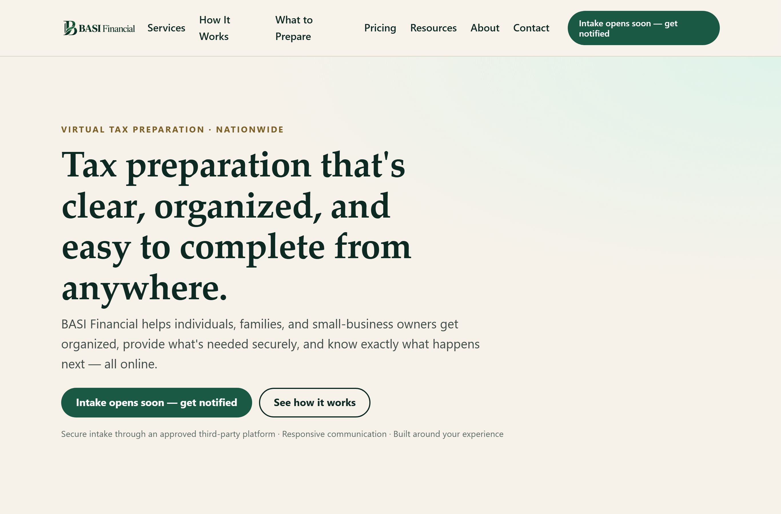 Pilot staging website home page on desktop: a cream hero with the headline 'Tax preparation that's clear, organized, and easy to complete from anywhere' and two buttons.
