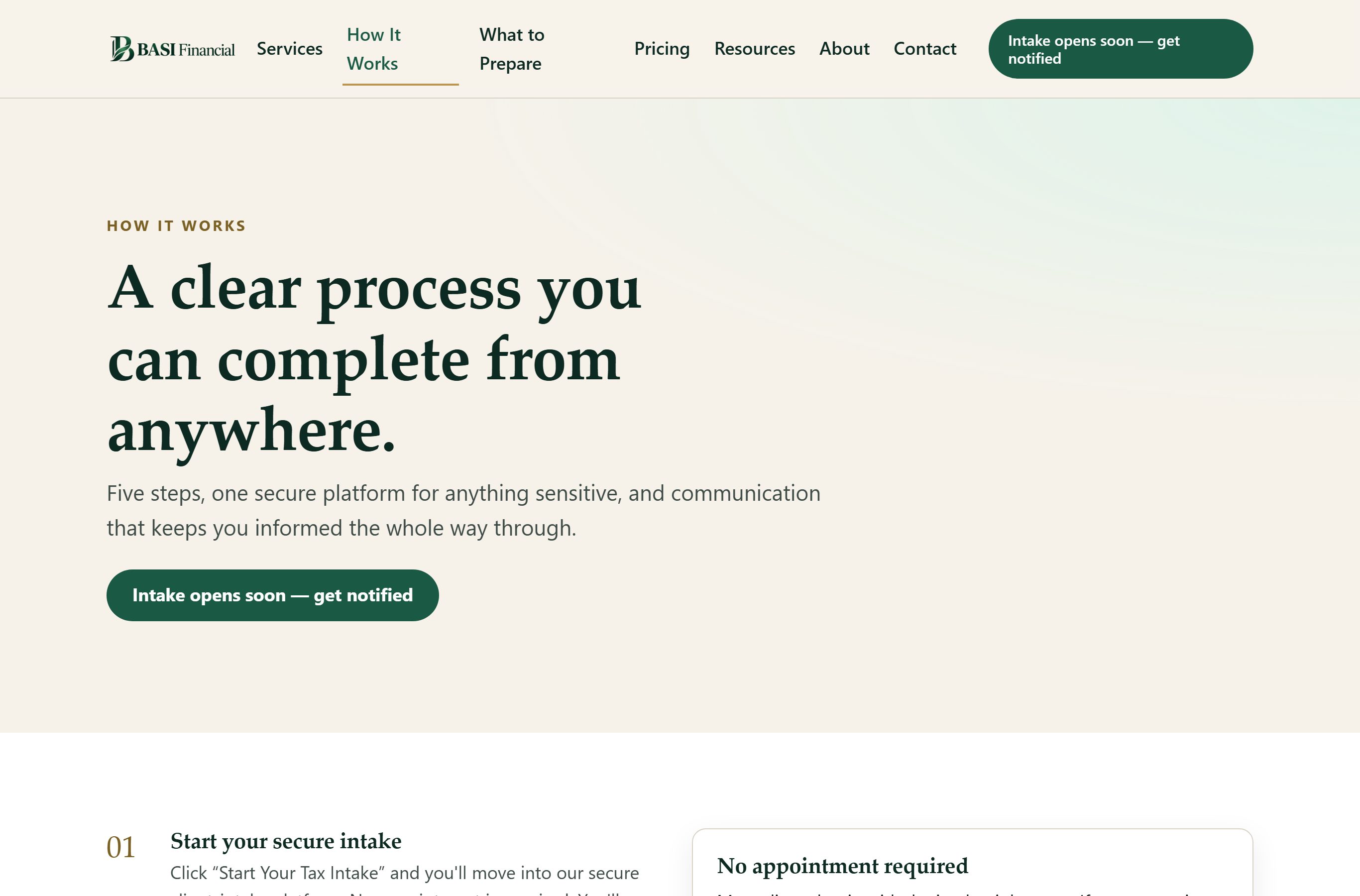 Pilot staging 'How it works' page with a five-step process and an intake button.